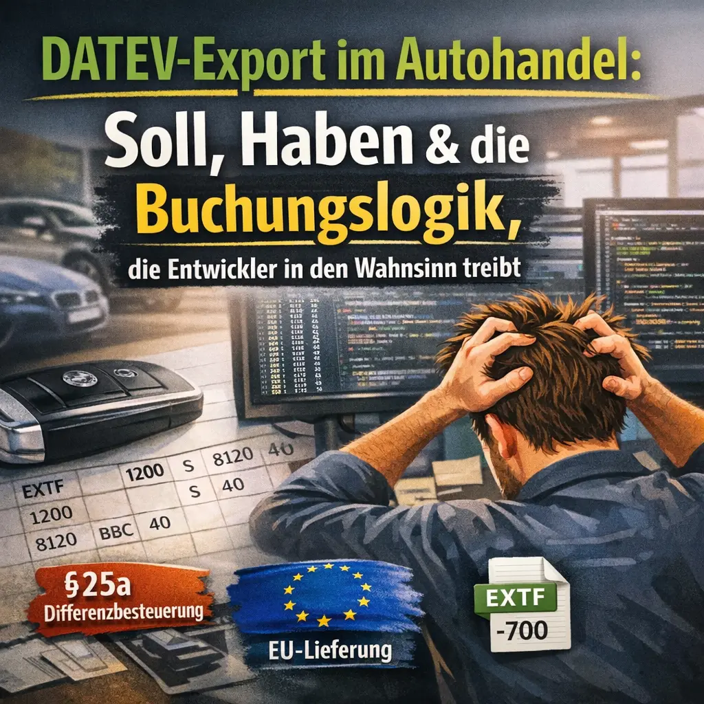 DATEV-Export im Autohandel: Die vollständige Buchungslogik — von Soll/Haben bis zum letzten BU-Schlüssel