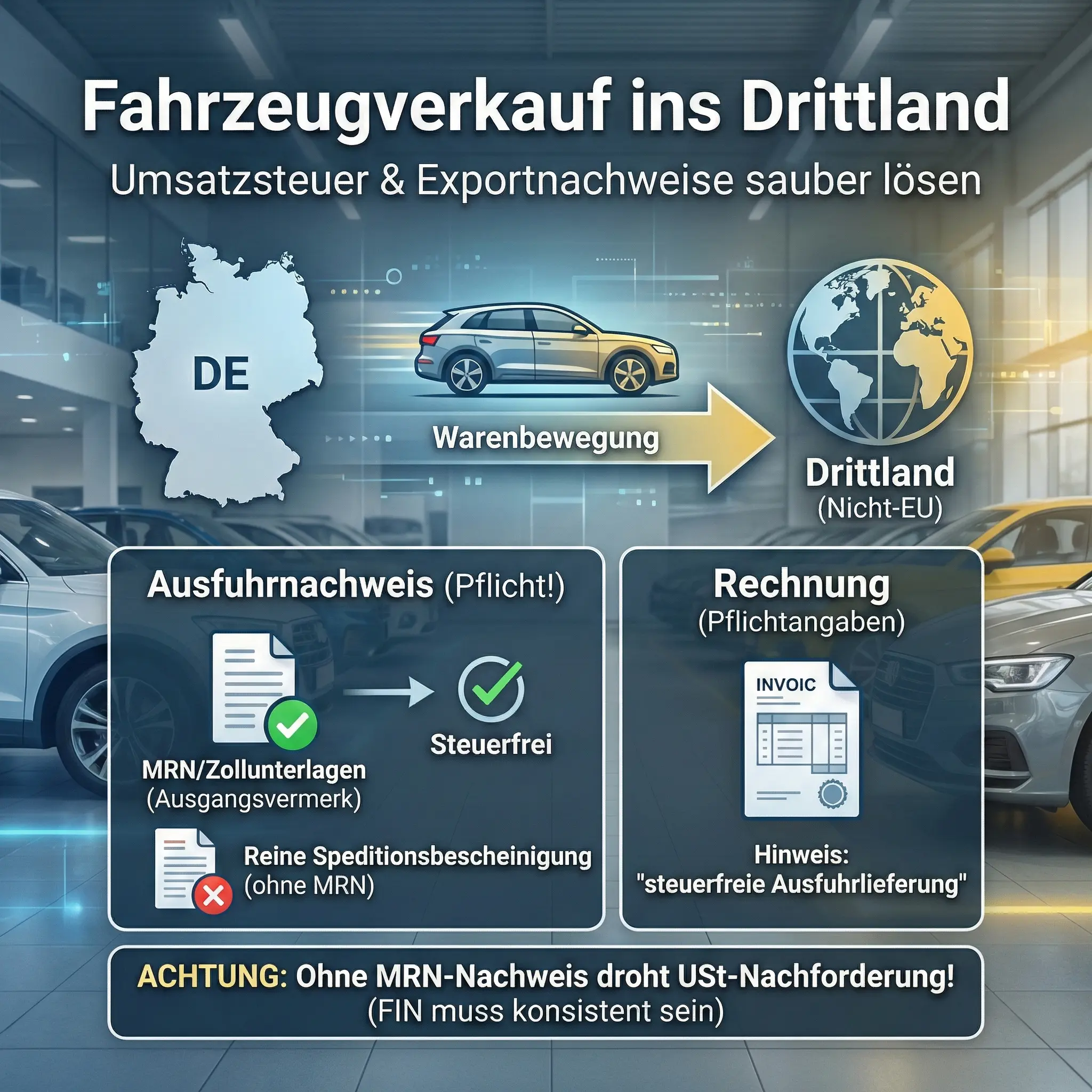 Fahrzeugverkauf ins Drittland: Umsatzsteuer & Exportnachweise sauber lösen