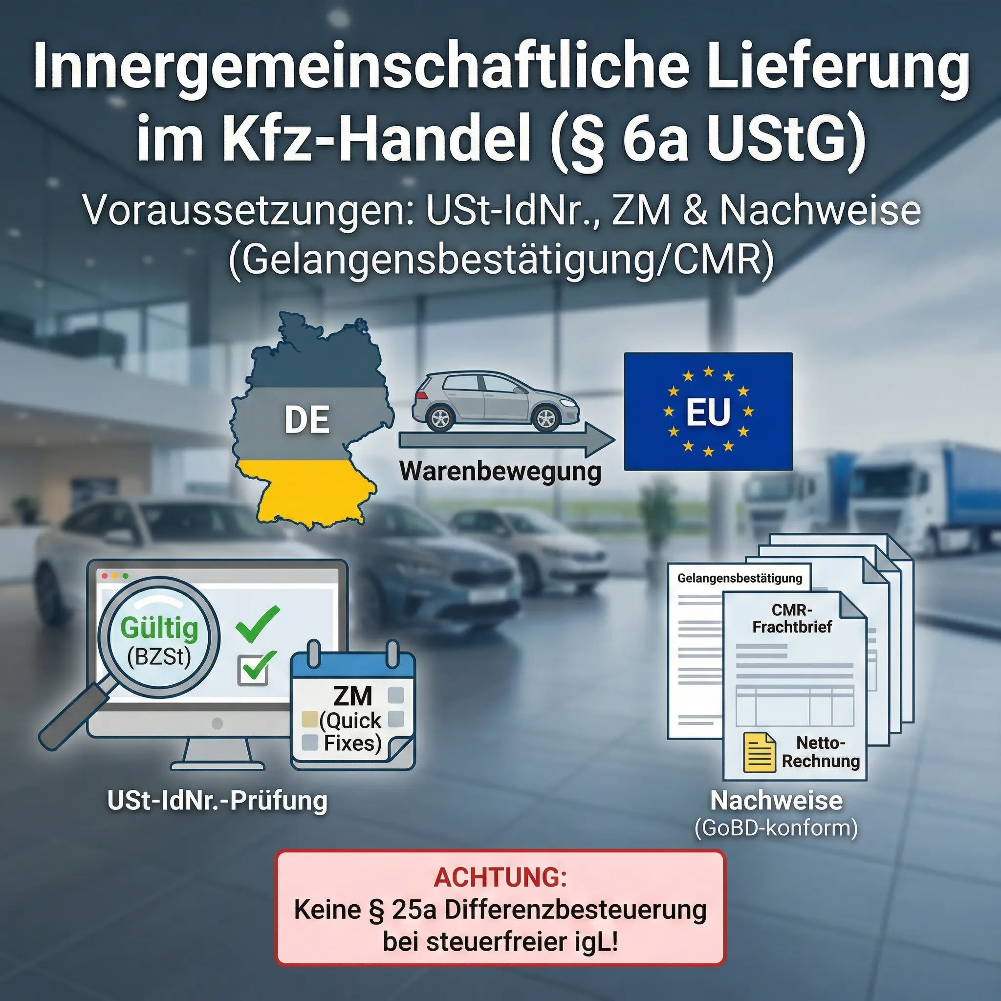 Innergemeinschaftliche Lieferung im Kfz-Handel (§ 6a UStG) – Steuer, Nachweise & ZM